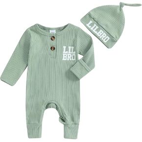 Newborn Baby Boy Girl Romper Knit Little Bro Sis Print Bodysuit Jumpsuit+hat Coming Home Outfit Infant Clothes
