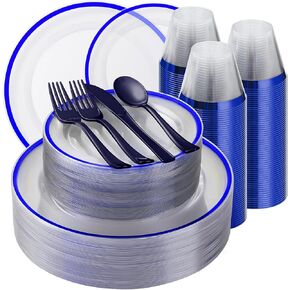 175PCS Black and Clear Plastic Dinnerware Sets for 25 Guests, Include 50 Black Disposable Plates, 50 Forks, 25 Knives, 25 Spoons, 25 Cups