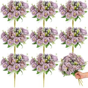 Yungyan 8 Pcs Artificial Rose Flowers Fake Roses Silk Hydrangea Berry Bouquet Faux Realistic Flowers for Bridal Wedding Party Floral Arrangement Home Decoration Table Centerpieces(Teal Blue)