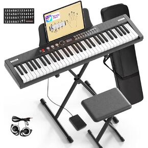Fesley Electric Keyboard Piano with 61 Key: Electronic Keyboard Piano Bluetooth Touch Sensitive Keys with Piano Stand, Piano Bench, Digital Piano Keyboard MIDI Connection for Beginners