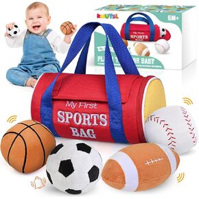 KMUYSL Baby Toys 0-12 Months, My First Tackle Box Plush Toys -4 Pcs Sensory Playset Soft Toys with Squeaker Crinkle for 0-3-6-9-12 Months Newborn Infant, Birthday for Boys Girls