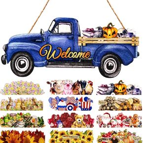 Interchangeable Welcome Sign Truck Hanging Sign Farmhouse Decor 12 Pcs Interchangeable Holiday Icons for Fall Halloween Thanksgiving Christmas Decor Red, 16" x 7"