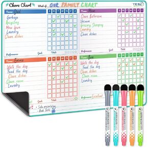 Magnetic Dry Erase Chore Chart (19" x 13"), Behavior Chart for Multiple Kids, Family Weekly Chores Checklist, Stain Resistant Planner for Fridge W/ 5 Colorful Markers