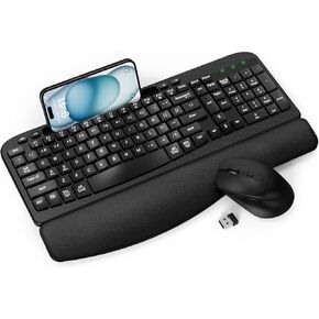Wireless Keyboard and Mouse Combo, EAYBLLY Wave Keys Wireless Ergonomic Keyboard with Cushioned Wrist Rest, Phone Holder, 2.4GHz Silent Cordless Keyboard Mouse Set for Computer, Laptop, PC, Windows