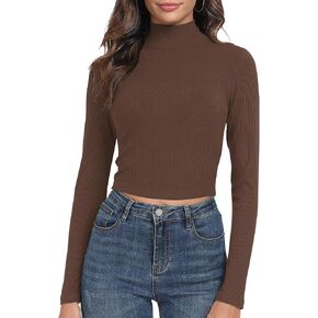 Artfish Women's Basic Mock Neck Slim Fitted Workout Rib Knit Long Sleeve Crop Top