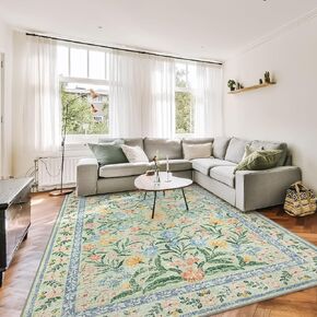 Washable 5x7 Area Rugs,Boho Pink Floral Rug Non Slip, Soft Vintage Bedroom Rugs Indoor Floor Throw Carpet for Living Room Office Playroom Kitchen Bathroom, Green/Multi