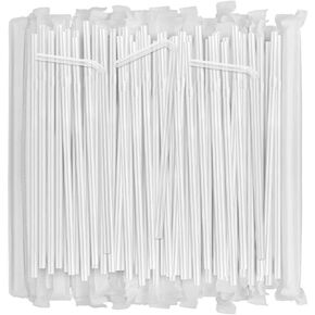 [100 Pcs] Bendy Individually Wrapped Plastic Straws - 8.25" Long Disposable Flexible Black Drinking Straws