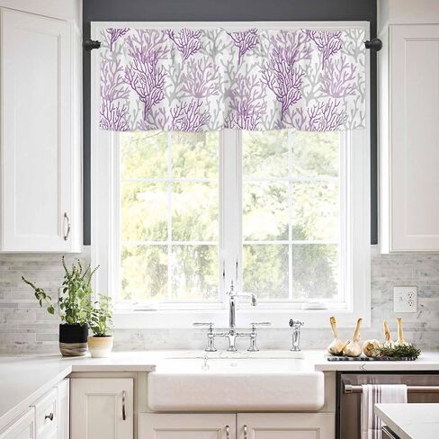 Blue Grey Coral Coastal Farmhouse Short Window Curtain Valances, Summer Beach Valances for Windows, Seaside Nautical Rod Pocket Kitchen Valances for Living Room Bedroom Bathroom Cafe 54"x18" in Kuwait