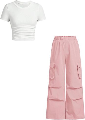 Floerns Girl's 2 Piece Outfits Short Sleeve Crewneck Ruched Tee and Cargo Pants in Saudi Arabia