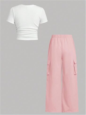 Floerns Girl's 2 Piece Outfits Short Sleeve Crewneck Ruched Tee and Cargo Pants in Saudi Arabia
