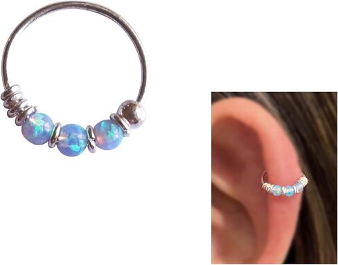 Gold Single - for ONE ear - 10mm Blue Opal Hoop Earring for Helix, Cartilage, 2nd Ear Piercing | MiYa Jewelry Handmade Gold Plated over Sterling Silver Hoop in Saudi Arabia