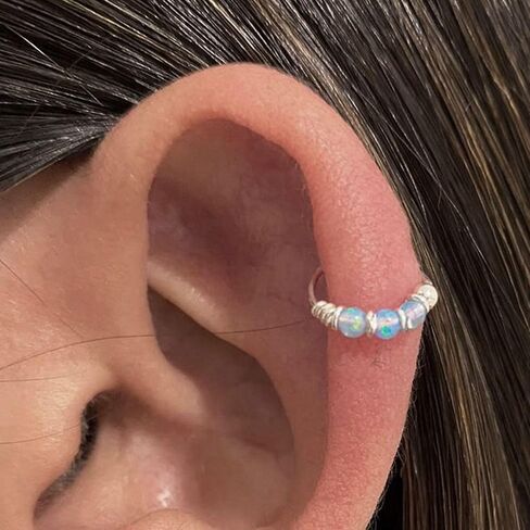 Gold Single - for ONE ear - 10mm Blue Opal Hoop Earring for Helix, Cartilage, 2nd Ear Piercing | MiYa Jewelry Handmade Gold Plated over Sterling Silver Hoop in Saudi Arabia