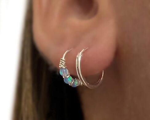 Gold Single - for ONE ear - 10mm Blue Opal Hoop Earring for Helix, Cartilage, 2nd Ear Piercing | MiYa Jewelry Handmade Gold Plated over Sterling Silver Hoop in Saudi Arabia