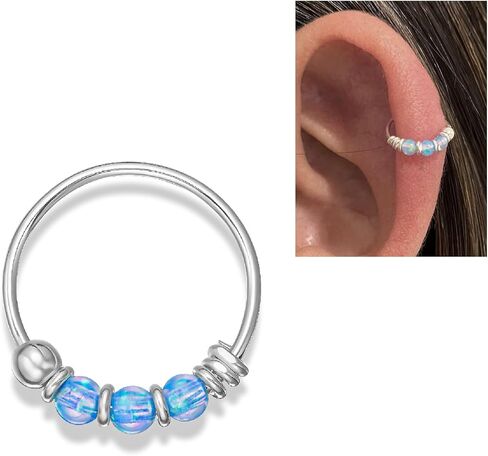 Gold Single - for ONE ear - 10mm Blue Opal Hoop Earring for Helix, Cartilage, 2nd Ear Piercing | MiYa Jewelry Handmade Gold Plated over Sterling Silver Hoop in Saudi Arabia