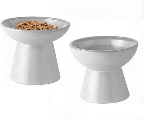 kathson Raised Cat Water and Food Bowl Set, 6.2in Ceramic Elevated Shallow Cat Bowls, Cat Food Plate Pack of 2, Cat Food Dish Anti Whisker Fatigue Protect Kitty Spine (Brown) in Saudi Arabia