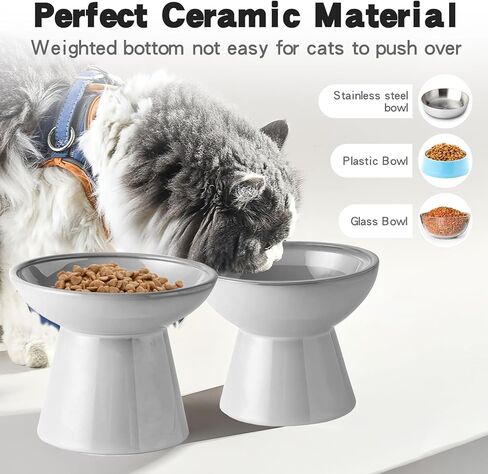 kathson Raised Cat Water and Food Bowl Set, 6.2in Ceramic Elevated Shallow Cat Bowls, Cat Food Plate Pack of 2, Cat Food Dish Anti Whisker Fatigue Protect Kitty Spine (Brown) in Saudi Arabia