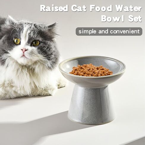 kathson Raised Cat Water and Food Bowl Set, 6.2in Ceramic Elevated Shallow Cat Bowls, Cat Food Plate Pack of 2, Cat Food Dish Anti Whisker Fatigue Protect Kitty Spine (Brown) in Saudi Arabia