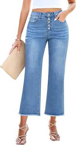 GRAPENT Capri Jeans for Women Trendy High Waisted Wide Leg Flare Button Fly Stretchy Denim Pants Raw Hem Cropped Jeans in Kuwait