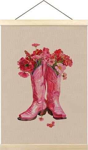 Tzhim White Floral Cowgirl Boots Poster Hanger Frame, Cowgirl Room Decor, Trendy Preppy Wall Hanging Decor for Girly College Dorm Apartment, Coastal Cowgirl Wall Art Prints with Wood Frames, 12x16in in Saudi Arabia