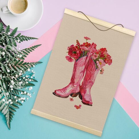 Tzhim White Floral Cowgirl Boots Poster Hanger Frame, Cowgirl Room Decor, Trendy Preppy Wall Hanging Decor for Girly College Dorm Apartment, Coastal Cowgirl Wall Art Prints with Wood Frames, 12x16in in Saudi Arabia