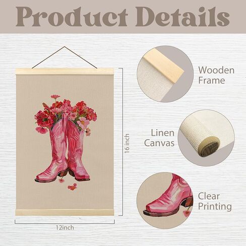 Tzhim White Floral Cowgirl Boots Poster Hanger Frame, Cowgirl Room Decor, Trendy Preppy Wall Hanging Decor for Girly College Dorm Apartment, Coastal Cowgirl Wall Art Prints with Wood Frames, 12x16in in Saudi Arabia