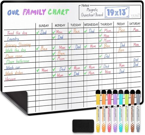 Magnetic Dry Erase Chore Chart (19" x 13"), Behavior Chart for Multiple Kids, Family Weekly Chores Checklist, Stain Resistant Planner for Fridge W/ 5 Colorful Markers in Saudi Arabia