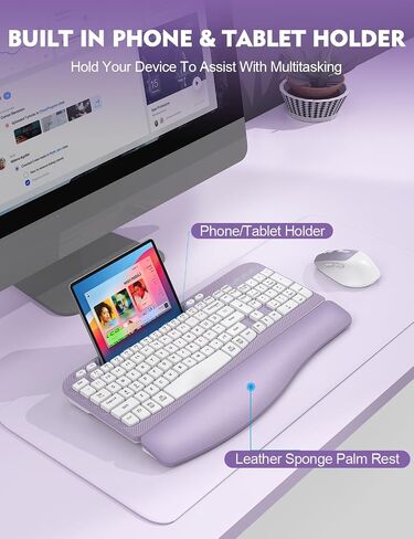 Wireless Keyboard and Mouse Combo, EAYBLLY Wave Keys Wireless Ergonomic Keyboard with Cushioned Wrist Rest, Phone Holder, 2.4GHz Silent Cordless Keyboard Mouse Set for Computer, Laptop, PC, Windows in Saudi Arabia