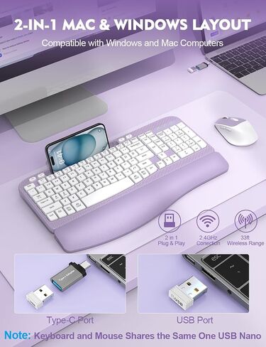 Wireless Keyboard and Mouse Combo, EAYBLLY Wave Keys Wireless Ergonomic Keyboard with Cushioned Wrist Rest, Phone Holder, 2.4GHz Silent Cordless Keyboard Mouse Set for Computer, Laptop, PC, Windows in Saudi Arabia