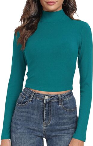 Artfish Women's Basic Mock Neck Slim Fitted Workout Rib Knit Long Sleeve Crop Top in Kuwait