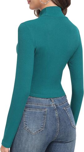 Artfish Women's Basic Mock Neck Slim Fitted Workout Rib Knit Long Sleeve Crop Top in Kuwait