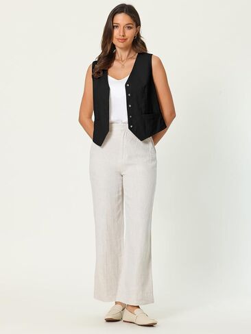 Women's Linen Vest Sleeveless Button Down V Neck Formal Business Waistcoat in Saudi Arabia