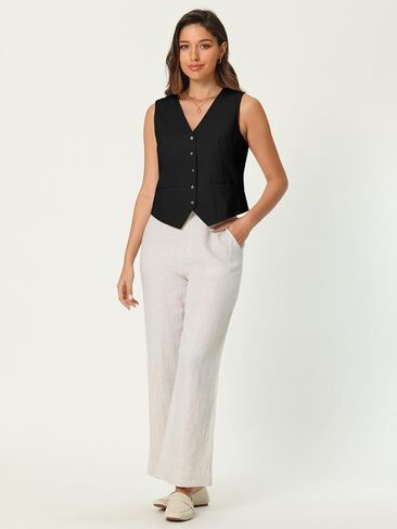 Women's Linen Vest Sleeveless Button Down V Neck Formal Business Waistcoat in Saudi Arabia