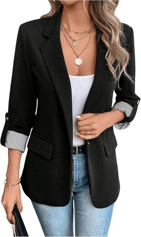 MakeMeChic Women's Roll Up Sleeve Single Button Office Blazer Lapel Neck Elegant Business Jacket Work Outerwear in Saudi Arabia