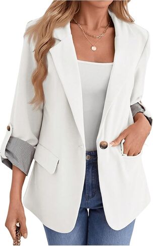 MakeMeChic Women's Roll Up Sleeve Single Button Office Blazer Lapel Neck Elegant Business Jacket Work Outerwear in Saudi Arabia