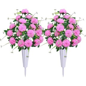 Lodou Silks Artificial Cemetery Flowers, Set of 2 Grave Decorations Bulbous Chrysanthemum,Memorial Flowers Bouquet with Cemetery Vase for Cemetery Headstones Decoration (Red)