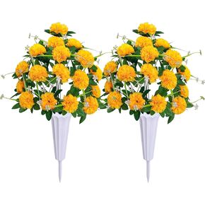 Lodou Silks Artificial Cemetery Flowers, Set of 2 Grave Decorations Bulbous Chrysanthemum,Memorial Flowers Bouquet with Cemetery Vase for Cemetery Headstones Decoration (Red)