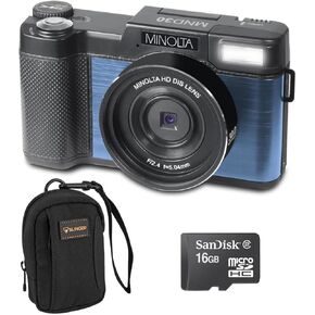Minolta MND30 30MP 2.7K QHD 3.0" LCD Screen Digital Camera, Purple, with Micro SD Card and Slinger Camera Bag