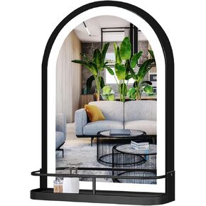 THEKLA 24 x 36 Inch Black Arched Light Vanity Mirror with Shelf Storage Arch LED Wall Mirror with Shelf Light 3 Color Dimmable Anti Fog Smart 36" Black Arched LED Bathroom Mirror with Shelf and Lights