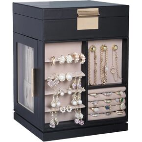 STYLIFING Large Jewelry Box 360°Rotating, Jewelry Organizer Box with 4 Drawers, Jewelry Boxes for Women, Jewelry Organizers and Storage with Glass Window for Necklace, Earrings, Rings Storage, Black
