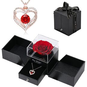 Preserved Rose with Heart Necklace Jewelry Gift Set, Hand-Made Rose Flower Gifts for Her on Mother's Day,Birthday, Valentine's Day, Anniversary Christmas(Red)