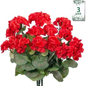 3 Pcs Artificial Geranium Flowers for Outdoors Decor, 19" Fake Plants Silk Flowers, UV Resistant Garden Plants Bush Faux Flowers for Home Wedding Kitchen Table Centerpieces Decor (Light Pink)