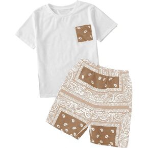 Boy's 2 Piece Outfits Floral Print Short Sleeve Crewneck T Shirt and Shorts Set Summer Outfits