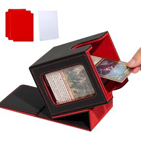 Card Deck Box with MTG Commander Display Window, Trading Card Deck Case Holds 100 Double Sleeved Cards, PU Leather Card Storage Box for TCG with 2 Dividers and 1 Toploader (Black&Gray)