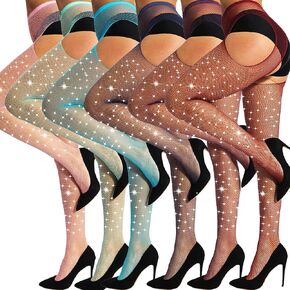 DancMolly 6 أزواج جوارب طويلة شبكية لامعة بحمالات لامعة عالية الخصر، سراويل ضيقة مثيرة بحجر الراين للنساء، 18 لونًا