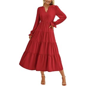 PRETTYGARDEN Women's Fall Maxi Dress Long Sleeve V Neck Tiered Ruffle Flowy A Line Cocktail Party Dresses