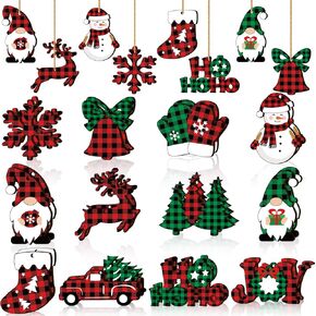 Christmas Wooden Decor Christmas Wooden Snowflake Gnome Snowman Hanging Signs Ornaments Christmas Tree Decoration Signs Wood with Rope for Xmas Party (Vintage Style,24 Pieces)
