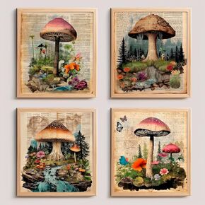 4 Pieces Retro Mushroom Posters Floral Art Home Room Decor - Vintage Aesthetic Posters - Earthy Vintage Wall Decor Mushroom Canvas Art Painting for Living Room Bedroom Garden (12x16in UNFRAMED)