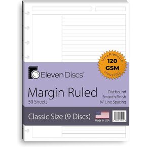 Classic Size Discbound Paper - Margin Ruled Sheets - Premium 120gsm Heavyweight Notebook & Planner Refills - 9 Discs, 7 x 9.25 in - Punched for Happy Planner (50 Sheets)