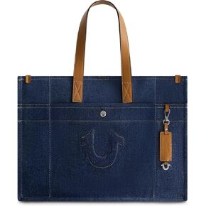 True Religion Women's Large Tote Bag, Stitched Horseshoe Canvas Travel Carryall Shoulder Handbag, Light Blue