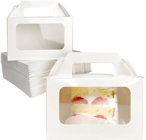Slice Cake Case White Boxes with Handle - (50 Pack) 6.1" x 4.1" x 4.0" Disposable Paper Gable Box For Candy Boxes Party Favors Bakery Macaron Pasty Cookies Pie Piece Cupcake Muffins Containers in Saudi Arabia